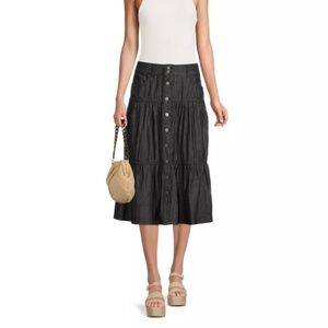Time and Tru Black Denim Tiered Button Down Skirt Size 12 NEW